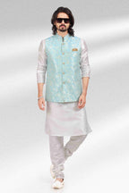 Raivat Ethnic Jacquard Banarasi Silk Woven Work 3 Pics Jacket Set In Sky Blue Colour | Grocsy