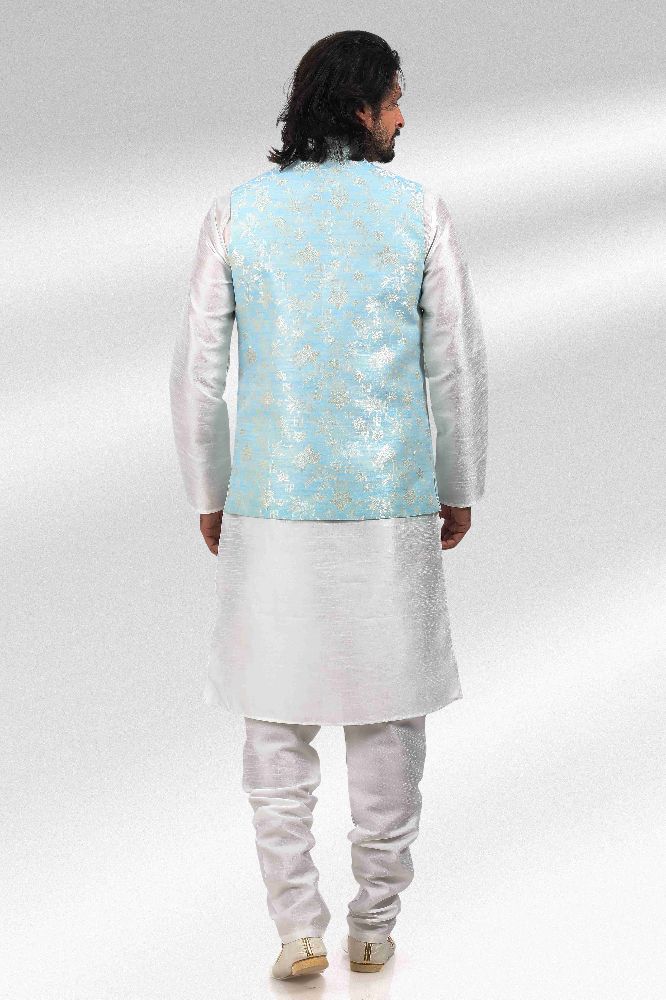 Raivat Ethnic Jacquard Banarasi Silk Woven Work 3 Pics Jacket Set In Sky Blue Colour | Grocsy