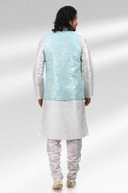 Raivat Ethnic Jacquard Banarasi Silk Woven Work 3 Pics Jacket Set In Sky Blue Colour | Grocsy