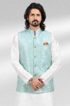 Raivat Ethnic Jacquard Banarasi Silk Woven Work 3 Pics Jacket Set In Sky Blue Colour | Grocsy