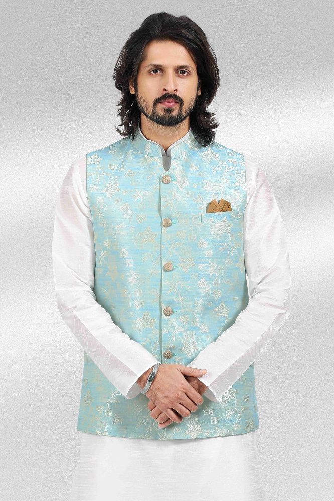 Raivat Ethnic Jacquard Banarasi Silk Woven Work 3 Pics Jacket Set In Sky Blue Colour | Grocsy
