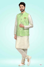 Raivat Ethnic Jacquard Banarasi Silk Woven Work 3 Pics Jacket Set In Pista Green Colour | Grocsy