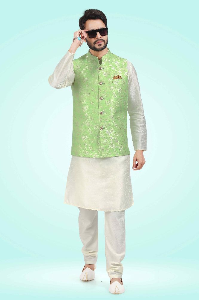Raivat Ethnic Jacquard Banarasi Silk Woven Work 3 Pics Jacket Set In Pista Green Colour | Grocsy