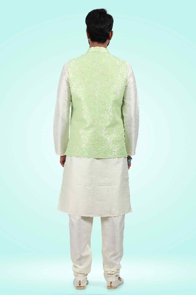 Raivat Ethnic Jacquard Banarasi Silk Woven Work 3 Pics Jacket Set In Pista Green Colour | Grocsy