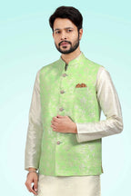 Raivat Ethnic Jacquard Banarasi Silk Woven Work 3 Pics Jacket Set In Pista Green Colour | Grocsy