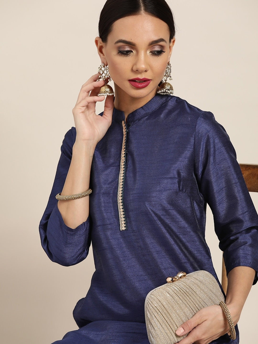 Sangria Women Navy Blue Solid Straight Kurta | Grocsy
