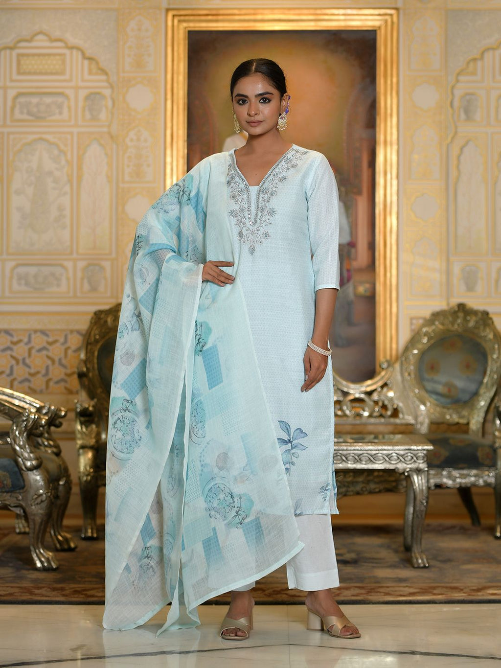Vaasva Women's Blue Linen Suit Set With Printed Dupatta | Grocsy