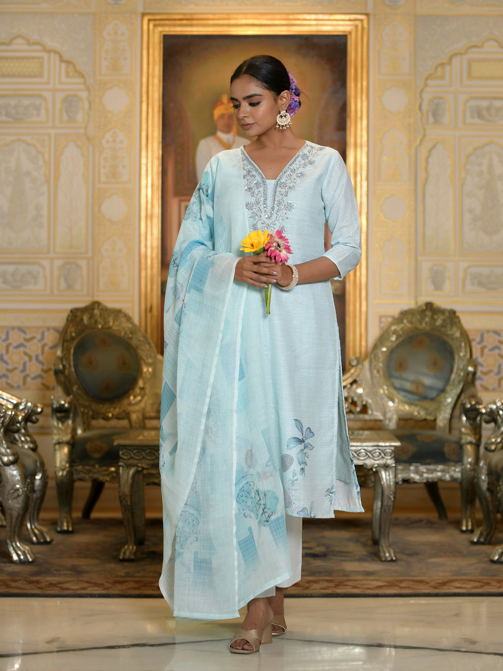 Vaasva Women's Blue Linen Suit Set With Printed Dupatta | Grocsy