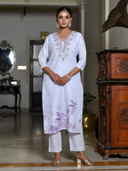 Vaasva Women's Lilac Linen Suit Set With Printed Dupatta | Grocsy