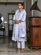 Vaasva Women's Lilac Linen Suit Set With Printed Dupatta | Grocsy
