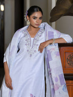 Vaasva Women's Lilac Linen Suit Set With Printed Dupatta | Grocsy