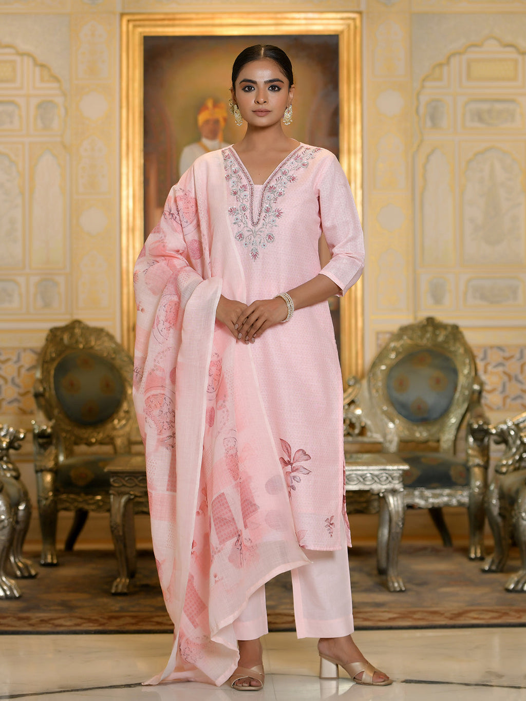 Vaasva Women's Pink Linen Suit Set With Printed Dupatta | Grocsy