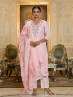 Vaasva Women's Pink Linen Suit Set With Printed Dupatta | Grocsy