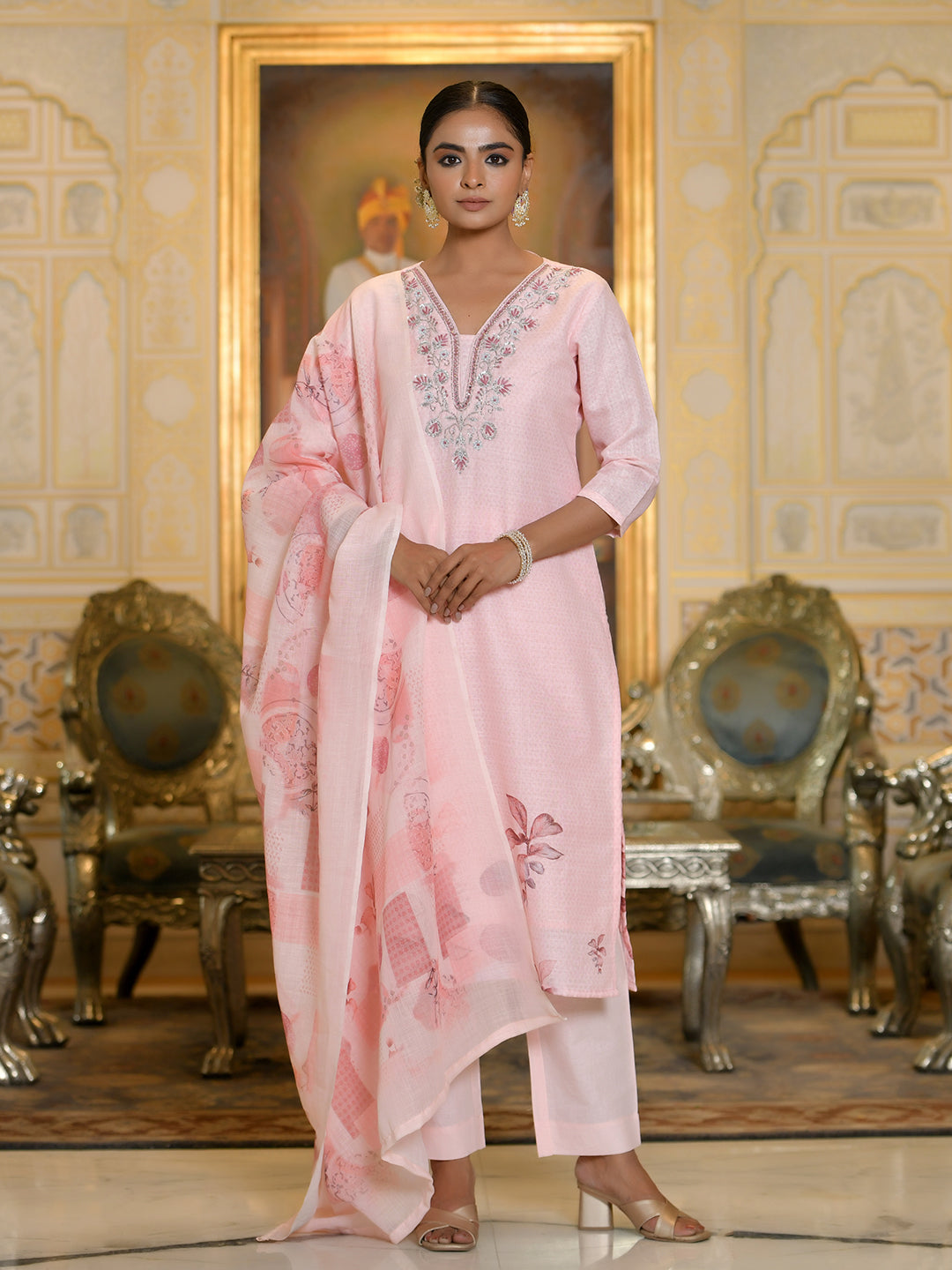 Vaasva Women's Pink Linen Suit Set With Printed Dupatta | Grocsy