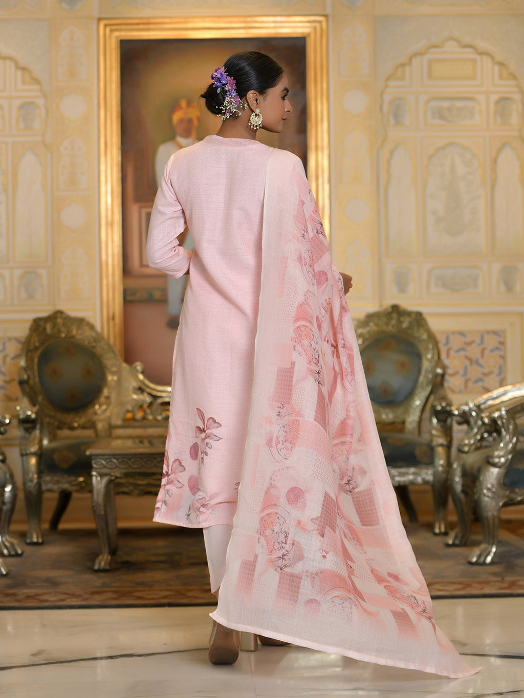 Vaasva Women's Pink Linen Suit Set With Printed Dupatta | Grocsy