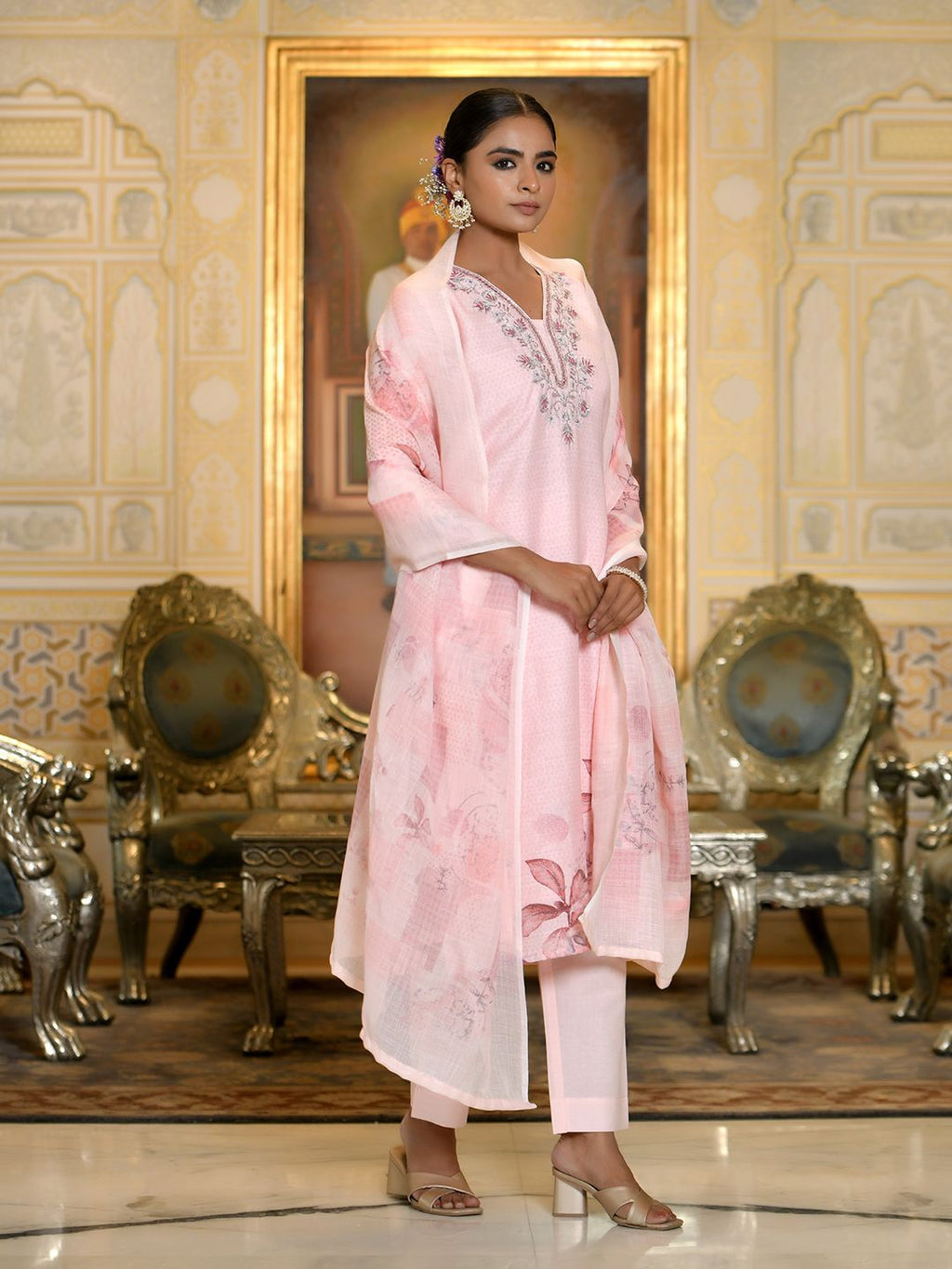 Vaasva Women's Pink Linen Suit Set With Printed Dupatta | Grocsy