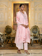 Vaasva Women's Pink Linen Suit Set With Printed Dupatta | Grocsy