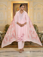 Vaasva Women's Pink Linen Suit Set With Printed Dupatta | Grocsy