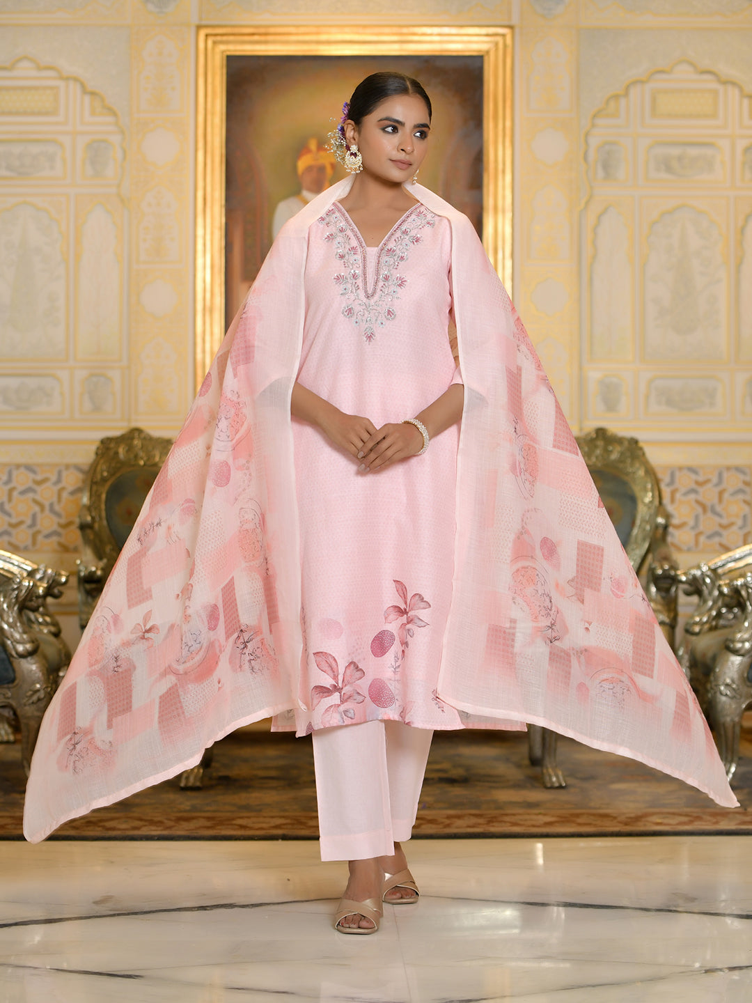 Vaasva Women's Pink Linen Suit Set With Printed Dupatta | Grocsy