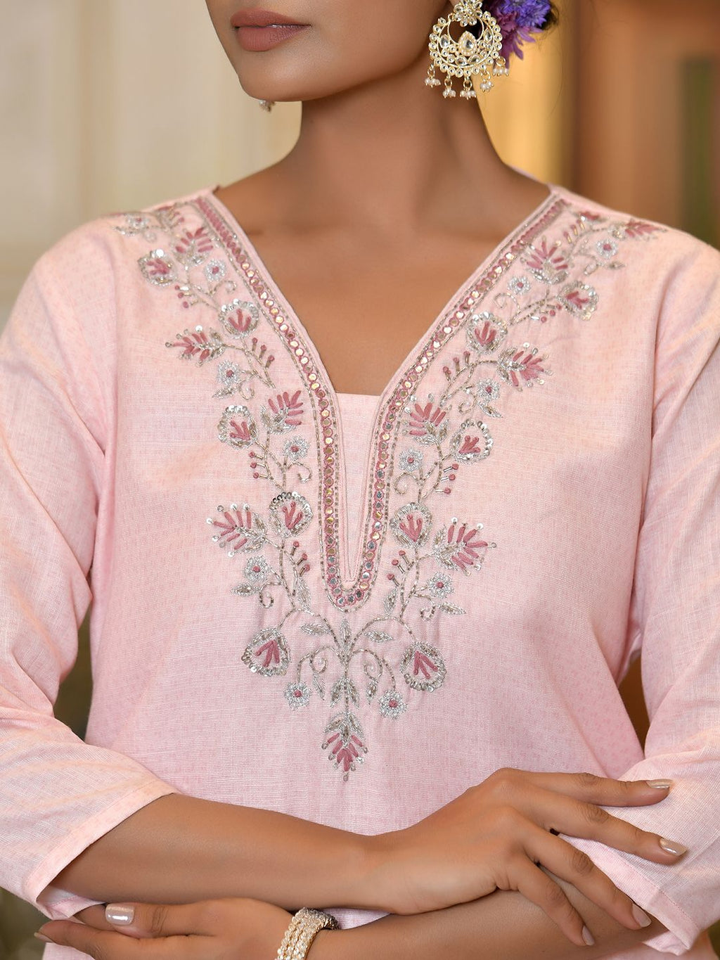 Vaasva Women's Pink Linen Suit Set With Printed Dupatta | Grocsy