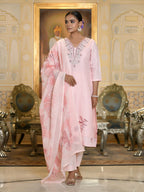 Vaasva Women's Pink Linen Suit Set With Printed Dupatta | Grocsy