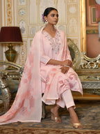 Vaasva Women's Pink Linen Suit Set With Printed Dupatta | Grocsy