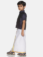 Sethukrishna Boys Navy Blue & White Solid Shirt and Veshti Set | Grocsy