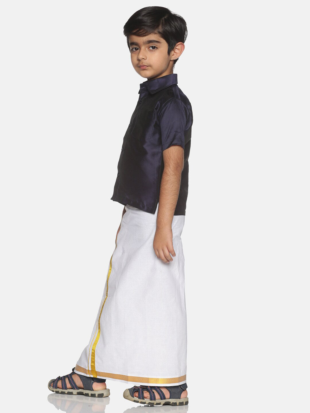 Sethukrishna Boys Navy Blue & White Solid Shirt and Veshti Set | Grocsy