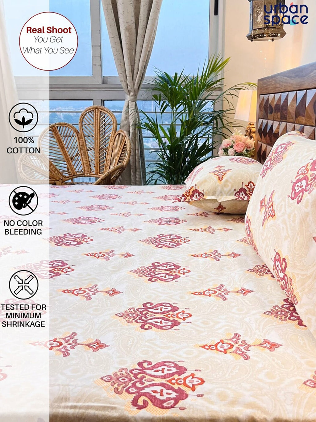 URBAN SPACE Divine White Ethnic Motifs 144 TC Cotton Queen Bedsheet & 2 Pillow Covers | Grocsy