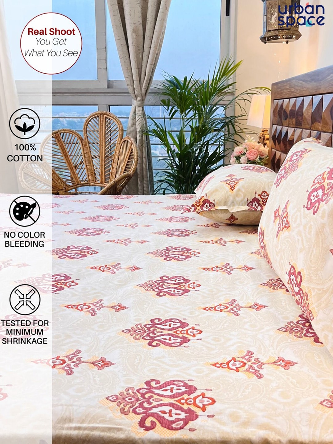 URBAN SPACE Divine White Ethnic Motifs 144 TC Cotton Queen Bedsheet & 2 Pillow Covers | Grocsy