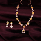 Tehzeeb Creations Elegant Yellow Polished American Diamond (Ad) Studded Necklace And Earring Set For Women | Grocsy