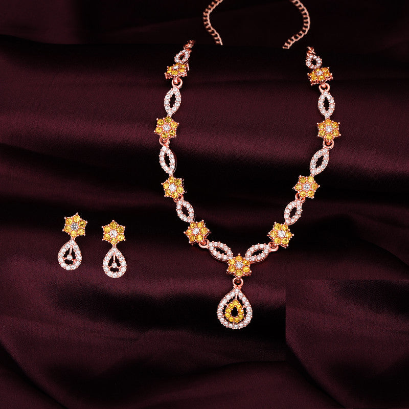 Tehzeeb Creations Elegant Yellow Polished American Diamond (Ad) Studded Necklace And Earring Set For Women | Grocsy
