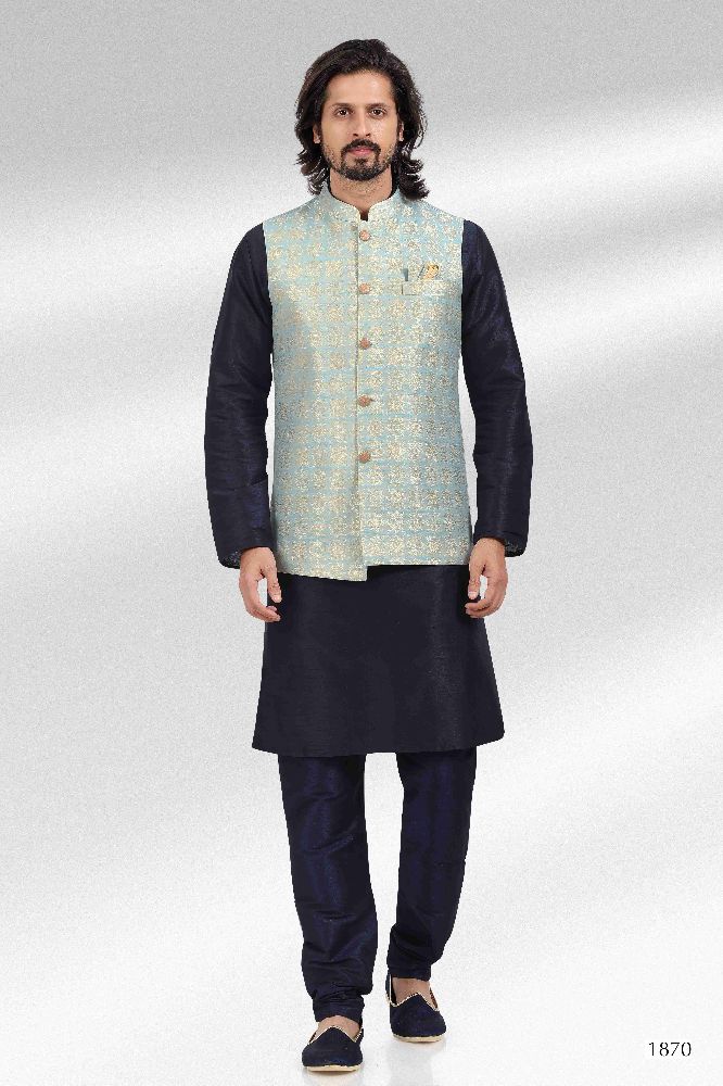 Raivat Ethnic Jacquard Banarasi Silk Woven Work 3 Pics Jacket Set In Blue Colour | Grocsy
