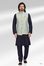 Raivat Ethnic Jacquard Banarasi Silk Woven Work 3 Pics Jacket Set In Blue Colour | Grocsy