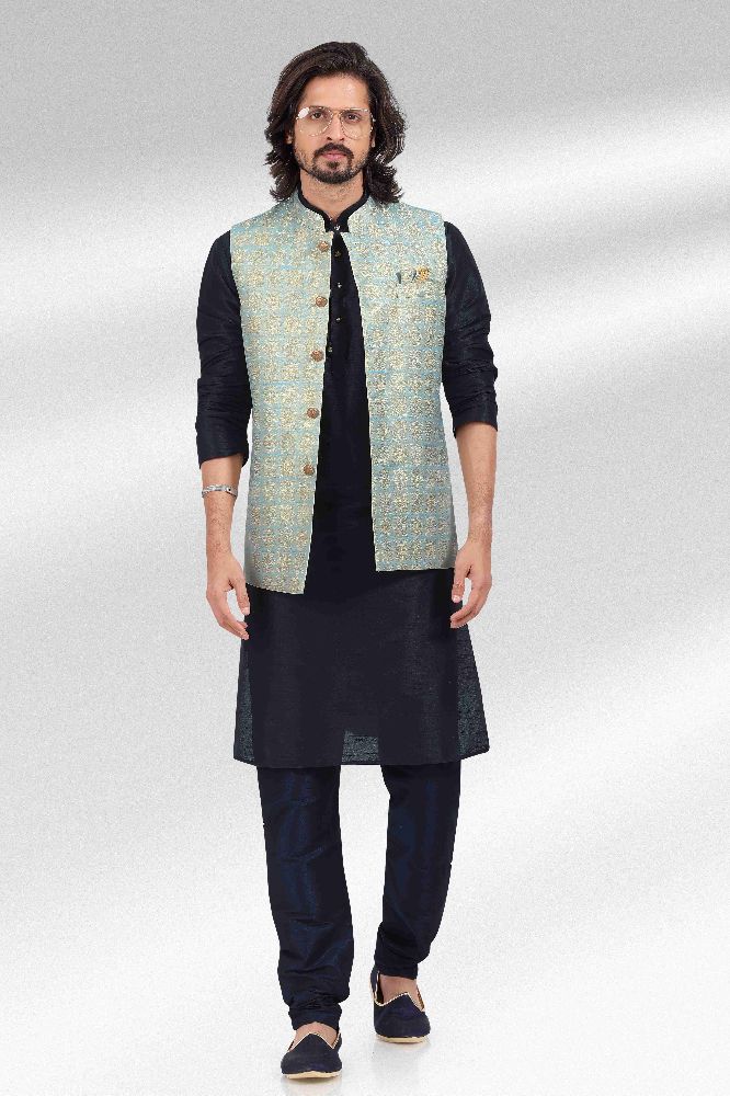 Raivat Ethnic Jacquard Banarasi Silk Woven Work 3 Pics Jacket Set In Blue Colour | Grocsy