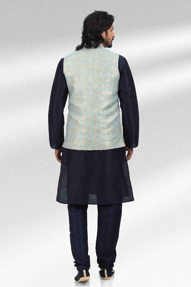 Raivat Ethnic Jacquard Banarasi Silk Woven Work 3 Pics Jacket Set In Blue Colour | Grocsy