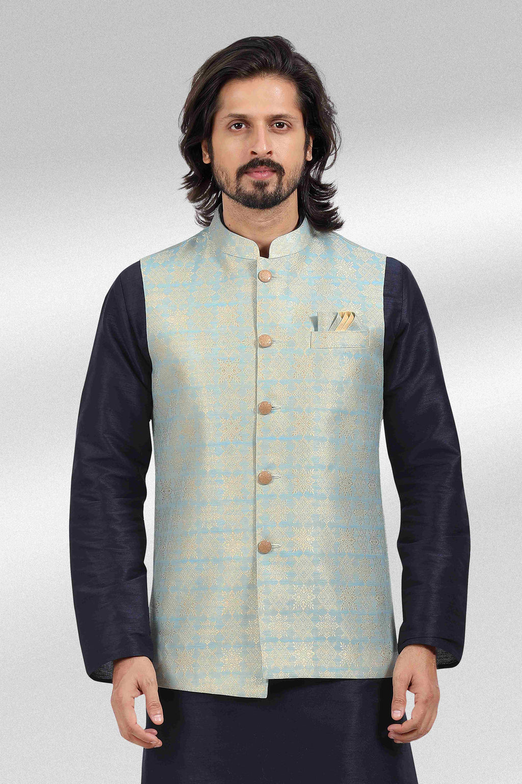 Raivat Ethnic Jacquard Banarasi Silk Woven Work 3 Pics Jacket Set In Blue Colour | Grocsy