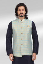 Raivat Ethnic Jacquard Banarasi Silk Woven Work 3 Pics Jacket Set In Blue Colour | Grocsy