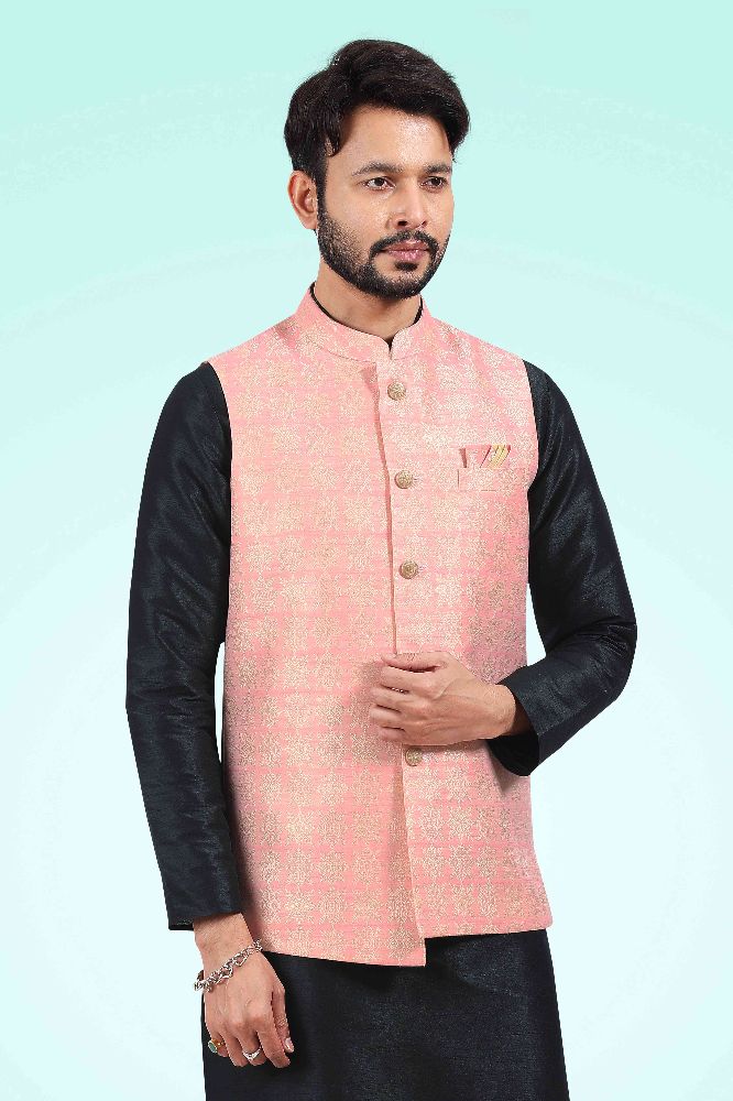 Raivat Ethnic Jacquard Banarasi Silk Woven Work 3 Pics Jacket Set In Pink Colour | Grocsy