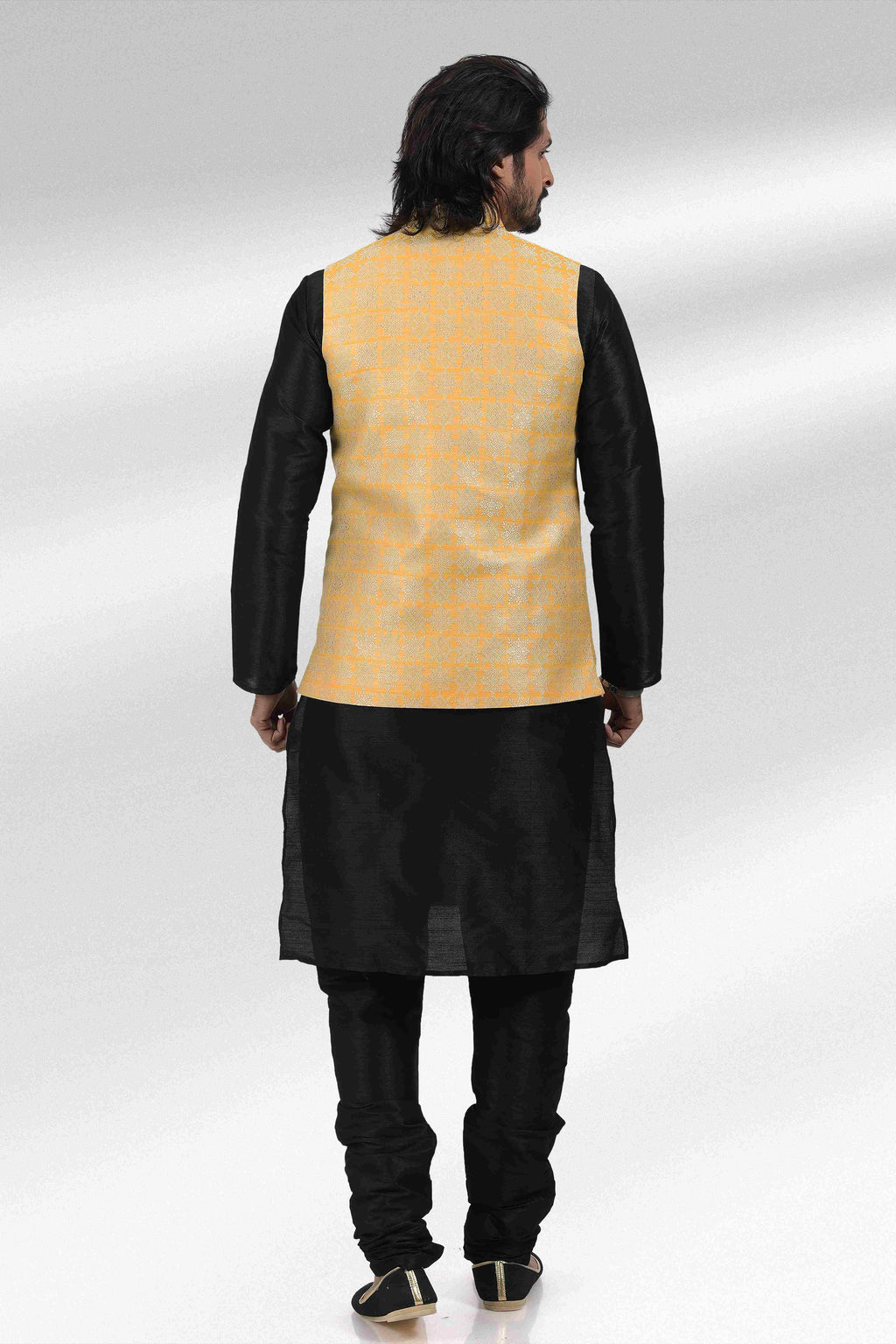 Raivat Ethnic Jacquard Banarasi Silk Woven Work 3 Pics Jacket Set In Yellow Colour | Grocsy