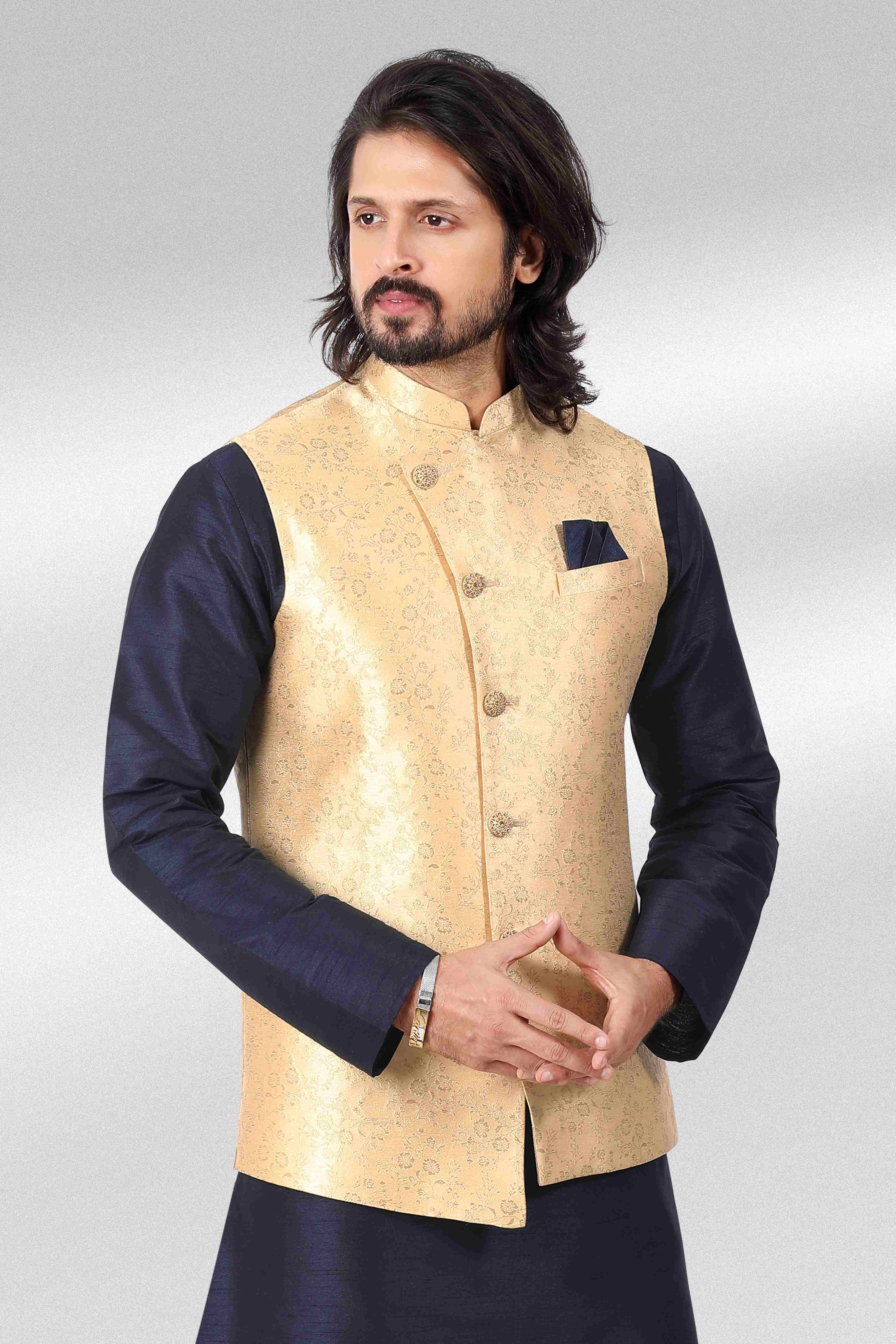Raivat Ethnic Jacquard Banarasi Silk Woven Work 3 Pics Jacket Set In Gold Colour | Grocsy