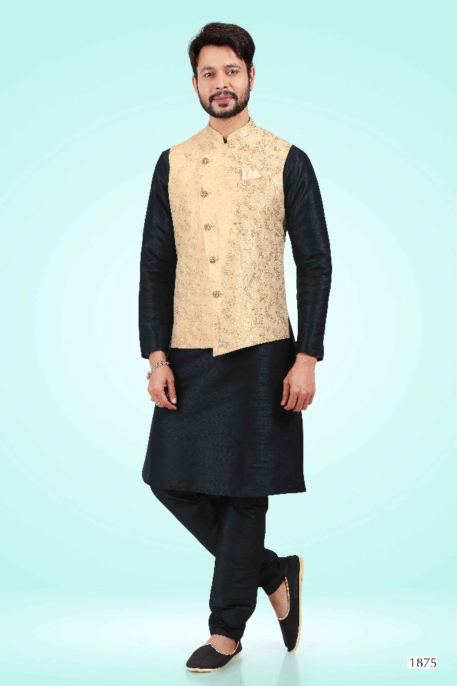Raivat Ethnic Jacquard Banarasi Silk Woven Work 3 Pics Jacket Set In Gold Colour | Grocsy
