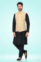 Raivat Ethnic Jacquard Banarasi Silk Woven Work 3 Pics Jacket Set In Gold Colour | Grocsy
