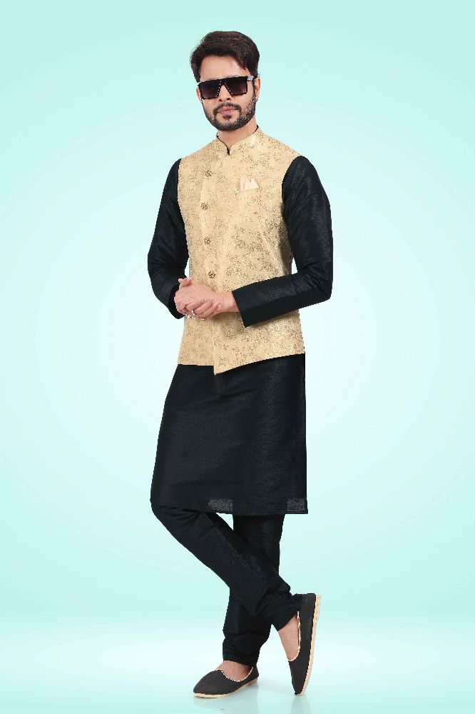 Raivat Ethnic Jacquard Banarasi Silk Woven Work 3 Pics Jacket Set In Gold Colour | Grocsy