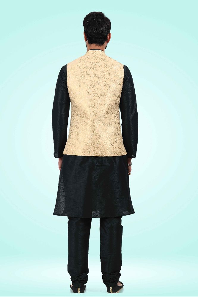 Raivat Ethnic Jacquard Banarasi Silk Woven Work 3 Pics Jacket Set In Gold Colour | Grocsy