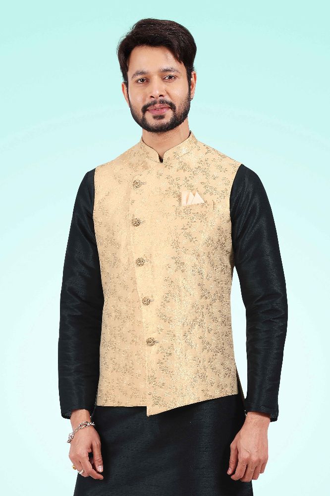 Raivat Ethnic Jacquard Banarasi Silk Woven Work 3 Pics Jacket Set In Gold Colour | Grocsy