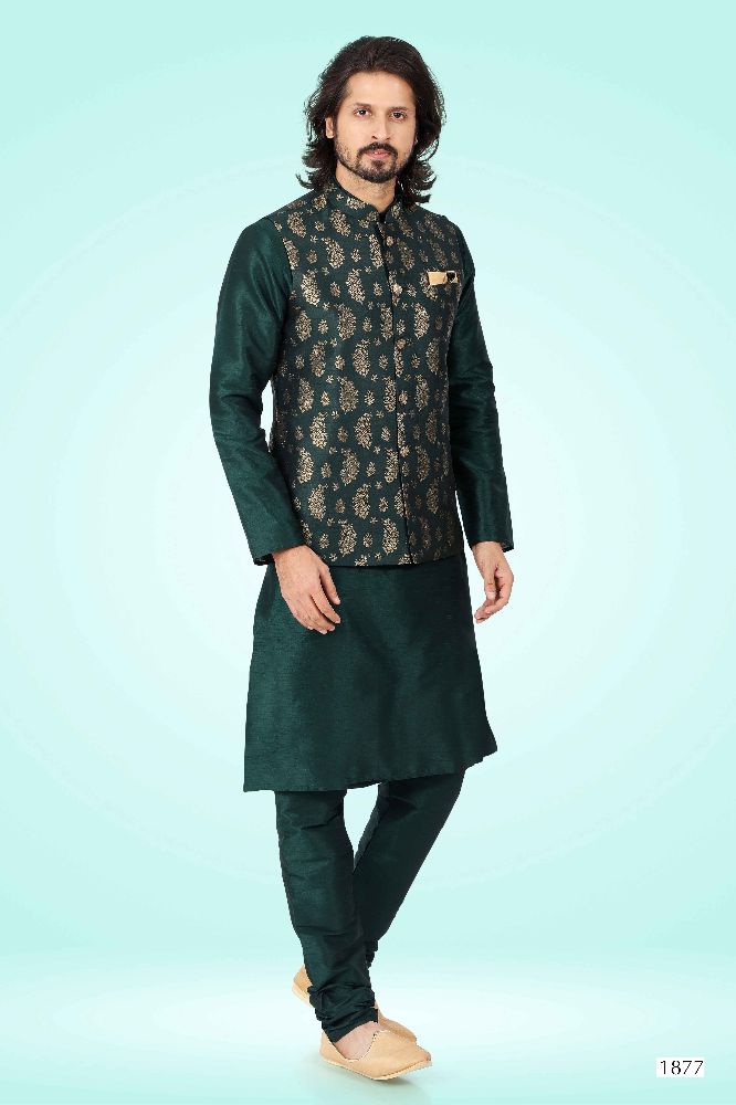 Raivat Ethnic Jacquard Banarasi Silk Woven Work 3 Pics Jacket Set In Green Colour | Grocsy