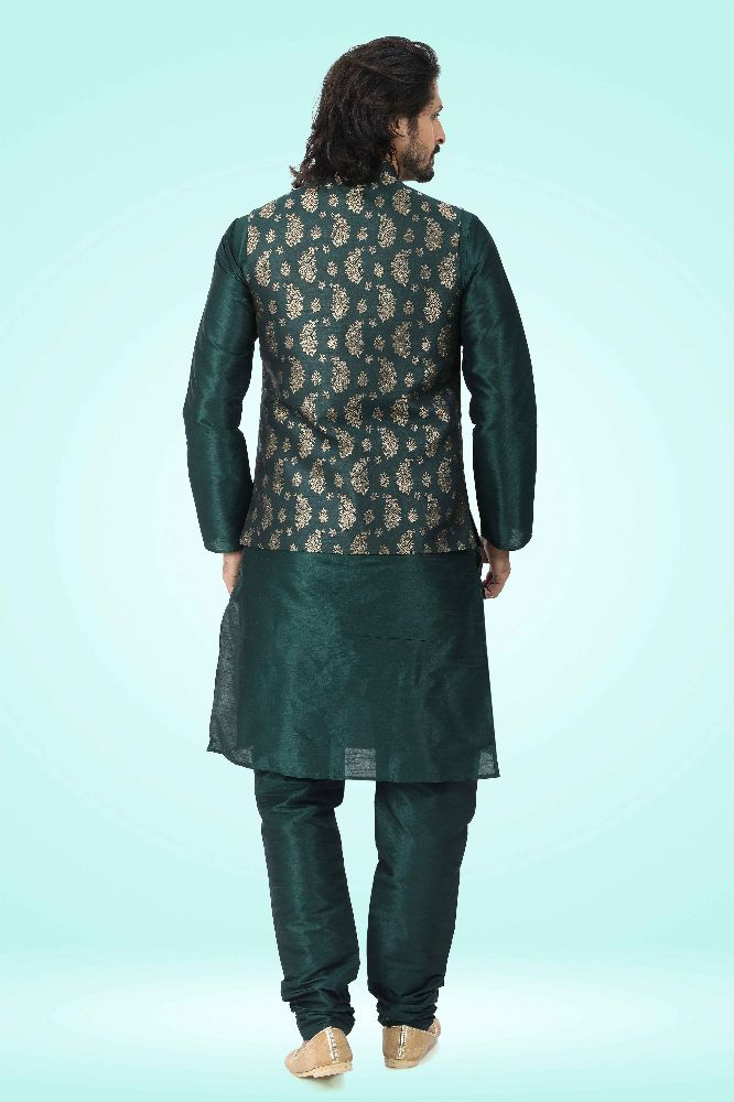 Raivat Ethnic Jacquard Banarasi Silk Woven Work 3 Pics Jacket Set In Green Colour | Grocsy