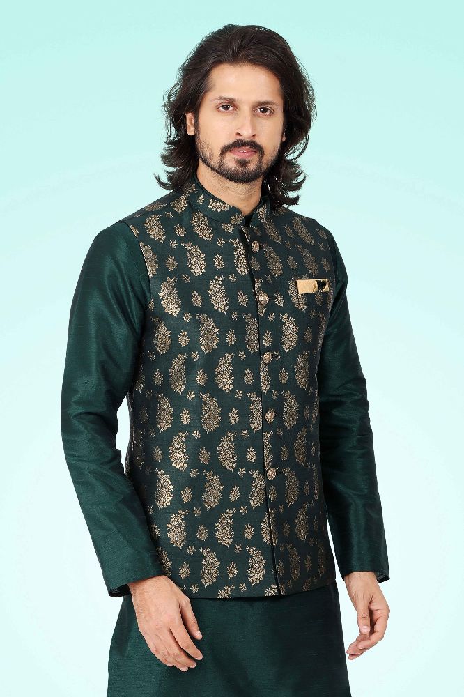 Raivat Ethnic Jacquard Banarasi Silk Woven Work 3 Pics Jacket Set In Green Colour | Grocsy