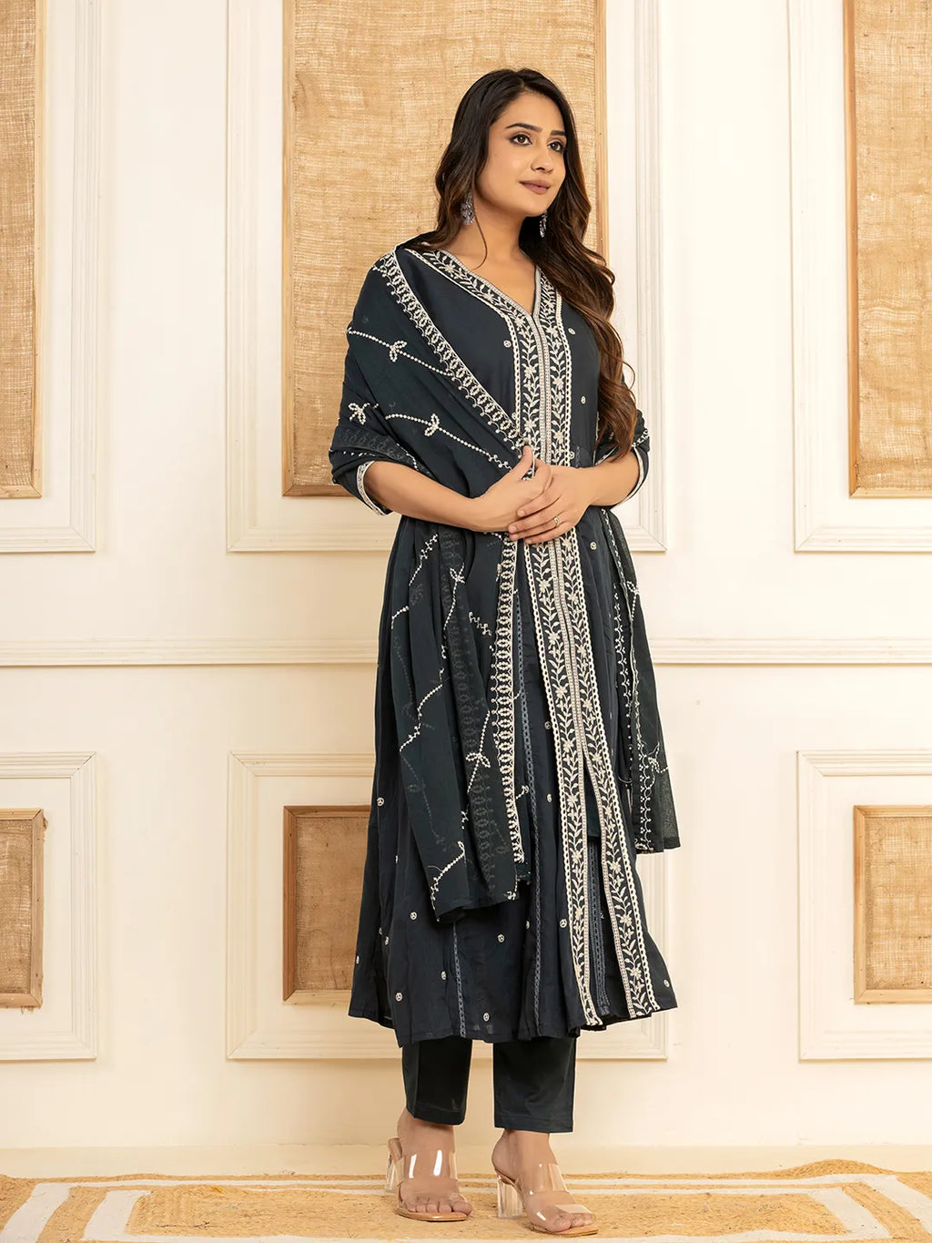 Yufta Navy Blue Cotton Embroidered Kurta Set With Dupatta | Grocsy